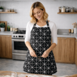 AKHVI Trendy Modern Apron for Women – Black Geometric Print, Soft Fabric, Ideal for Cooking & Baking